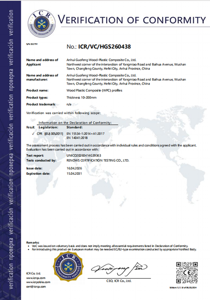 Chine AnHui Guofeng Wood-Plastic Composite Co., Ltd certifications