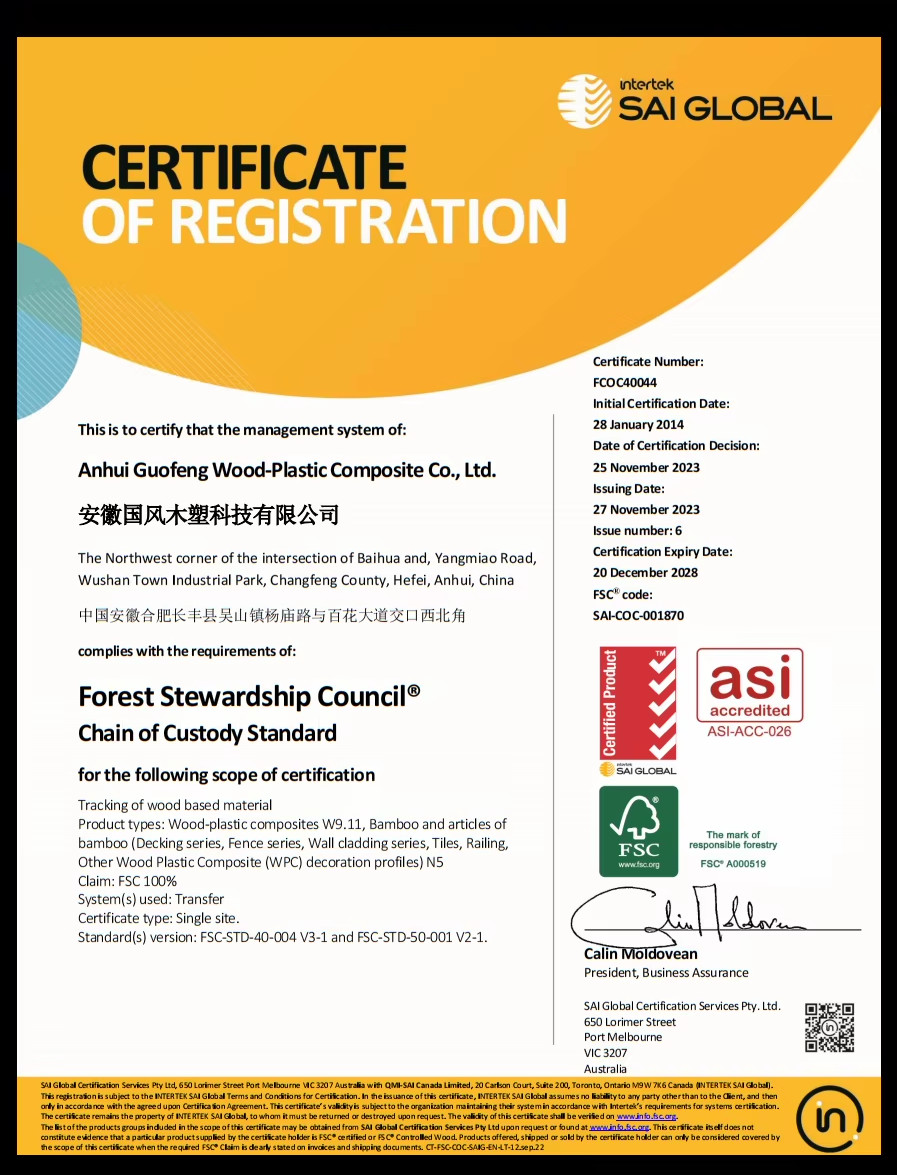 Chine AnHui Guofeng Wood-Plastic Composite Co., Ltd Certifications